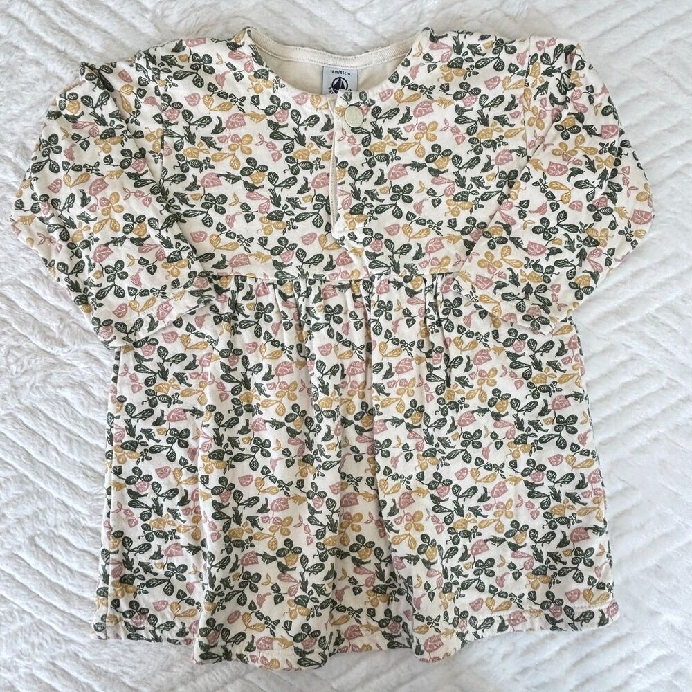 Petit Bateau Girls 18M Floral Cotton Long Sleeve Dress Pink Green Fall Print